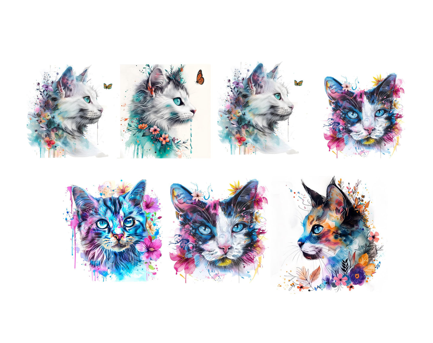 Watercolor Floral Cat Clipart Bundle, 57 Abstract Flower Cat png, Whimsical Printable Designs, High Quality PNGs & JPGs, Instant Download