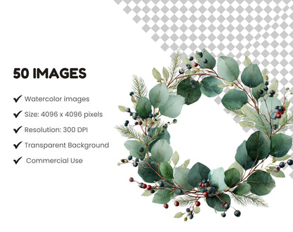 Botanical Clipart Bundle, Watercolor Greenery Wreaths Floral Borders, Flower Frames PNG, Christmas Frame, Commercial Use, Instant Download