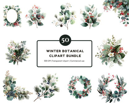 Botanical Clipart Bundle, Watercolor Greenery Wreaths Floral Borders, Flower Frames PNG, Christmas Frame, Commercial Use, Instant Download