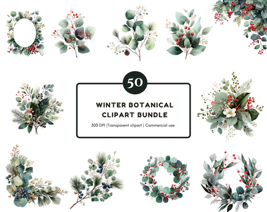 Botanical Clipart Bundle, Watercolor Greenery Wreaths Floral Borders, Flower Frames PNG, Christmas Frame, Commercial Use, Instant Download