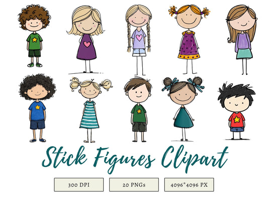 Stick Figures Clipart Bundle, Stick Children PNG, Stick People Clipart, School Children Png, Commercial Use, Instant Download