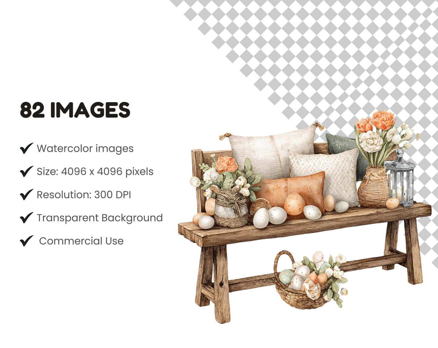 Lot de 82 images clipart rustiques de Pâques : lapin de Pâques aquarelle (PNG), panier de Pâques, style bohème, village de Pâques (PNG).