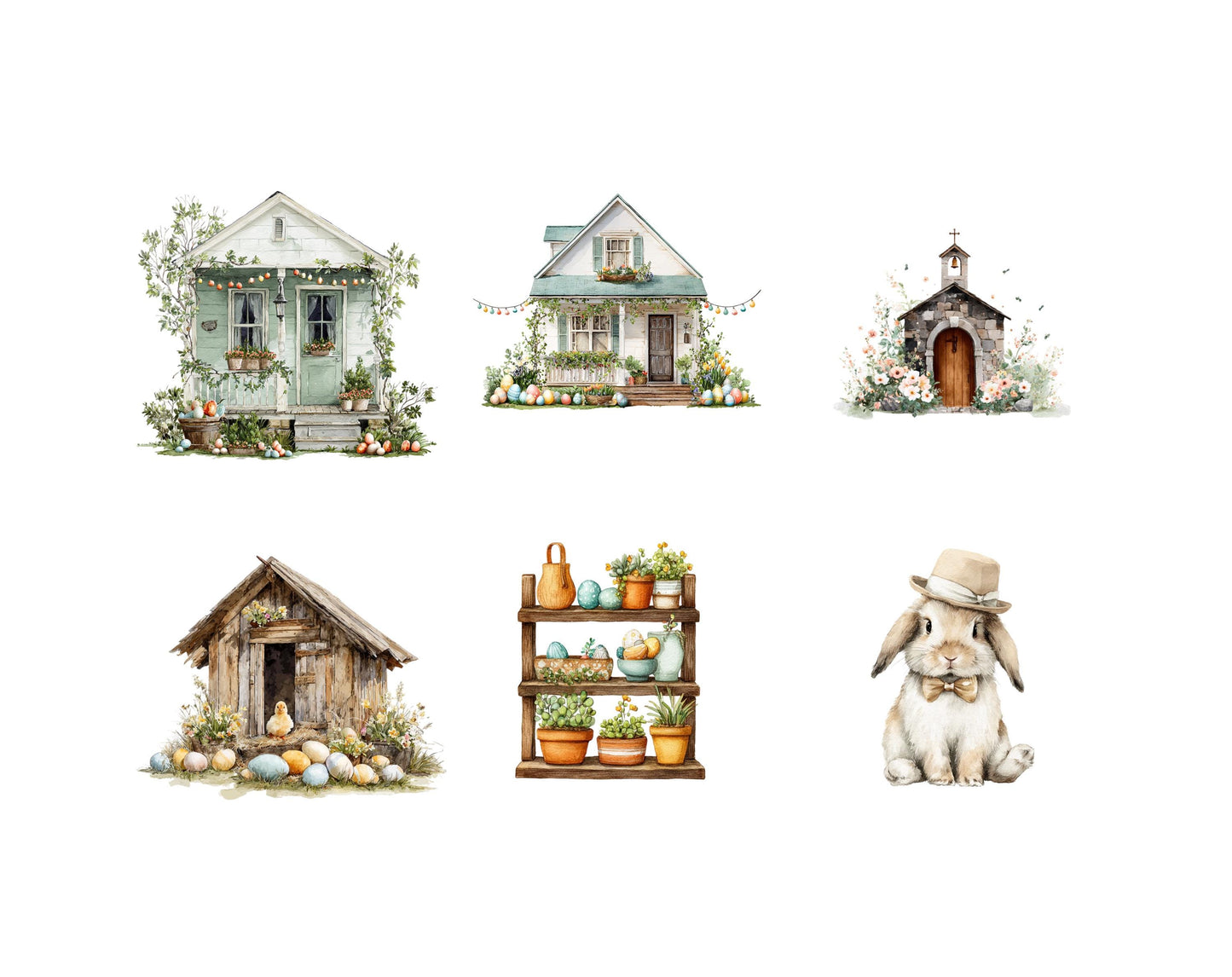 Lot de 82 images clipart rustiques de Pâques : lapin de Pâques aquarelle (PNG), panier de Pâques, style bohème, village de Pâques (PNG).