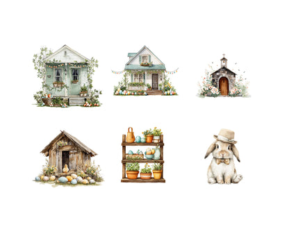 Lot de 82 images clipart rustiques de Pâques : lapin de Pâques aquarelle (PNG), panier de Pâques, style bohème, village de Pâques (PNG).
