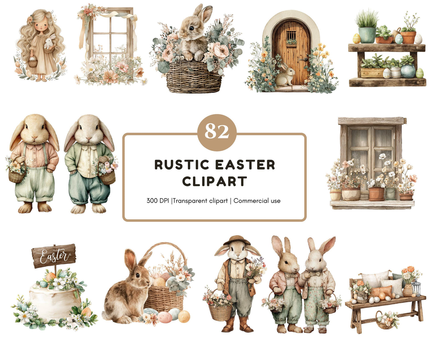 Lot de 82 images clipart rustiques de Pâques : lapin de Pâques aquarelle (PNG), panier de Pâques, style bohème, village de Pâques (PNG).