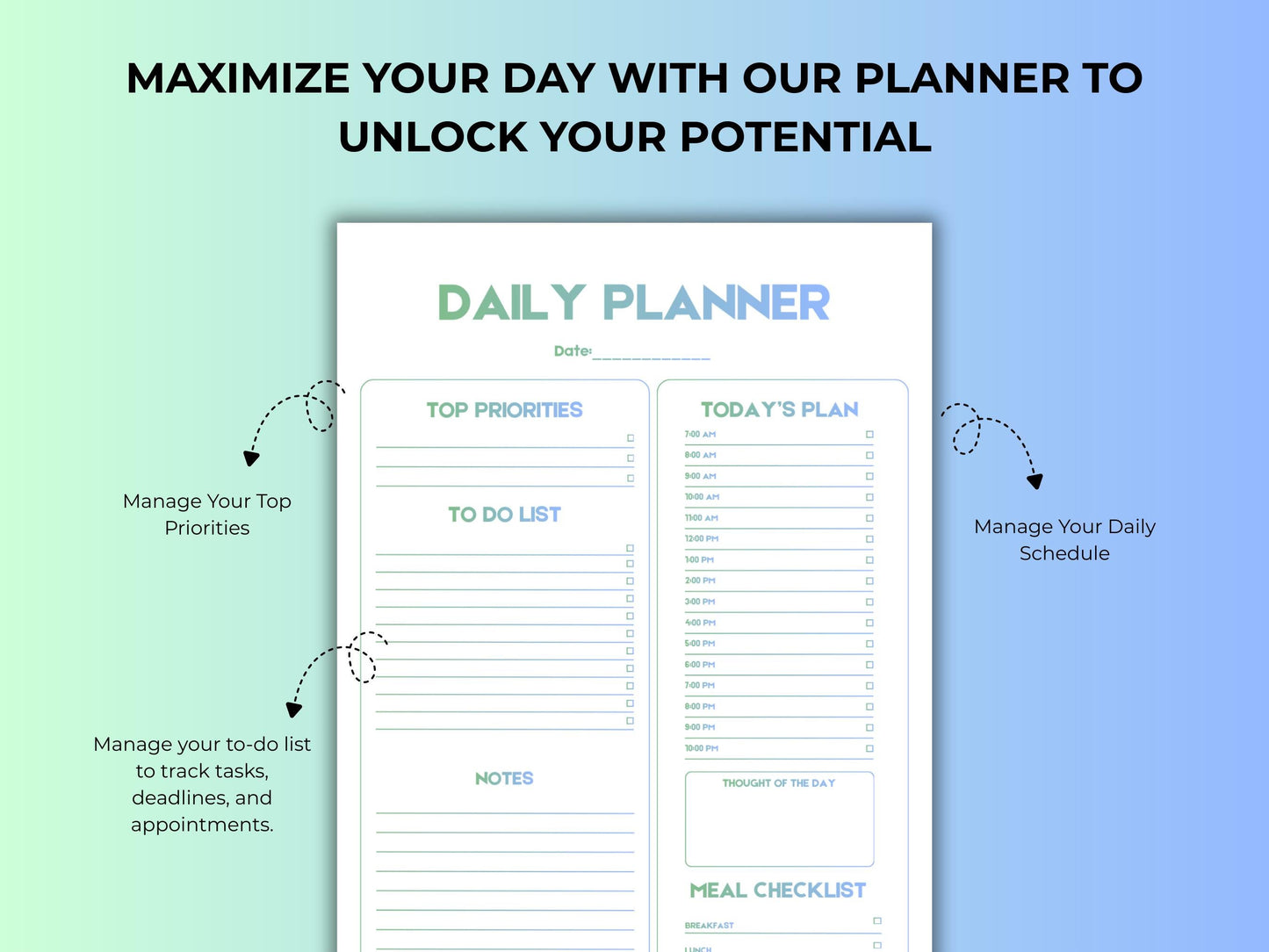 Daily Planner Printable Template, Daily Schedule Printable, To-Do-List, Today's Plan, Meal Checklist, Daily Top Priorities, Instant Download