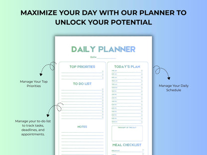 Daily Planner Printable Template, Daily Schedule Printable, To-Do-List, Today's Plan, Meal Checklist, Daily Top Priorities, Instant Download