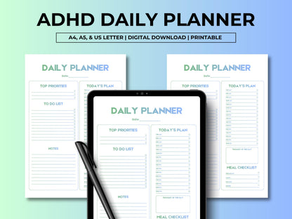 Daily Planner Printable Template, Daily Schedule Printable, To-Do-List, Today's Plan, Meal Checklist, Daily Top Priorities, Instant Download