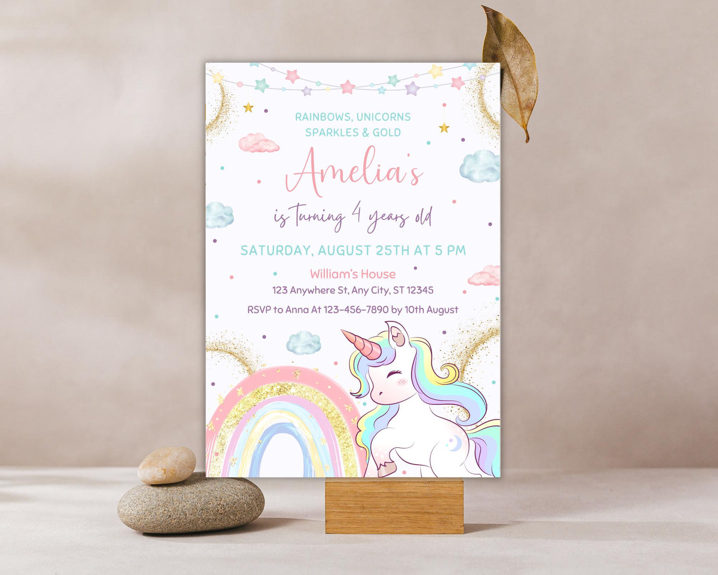 Unicorn Birthday Invitation, Editable Magical Pastel Rainbow Unicorn Birthday Party, Whimsical Fairytale Unicorn Princess Birthday Invite