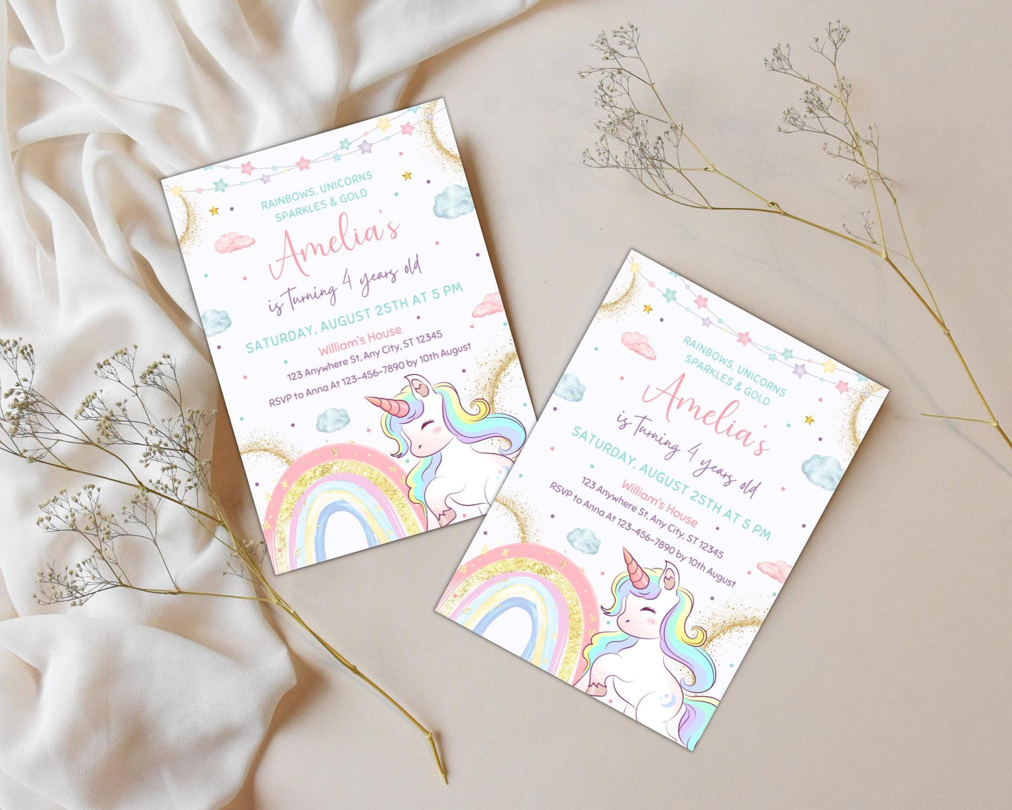 Unicorn Birthday Invitation, Editable Magical Pastel Rainbow Unicorn Birthday Party, Whimsical Fairytale Unicorn Princess Birthday Invite