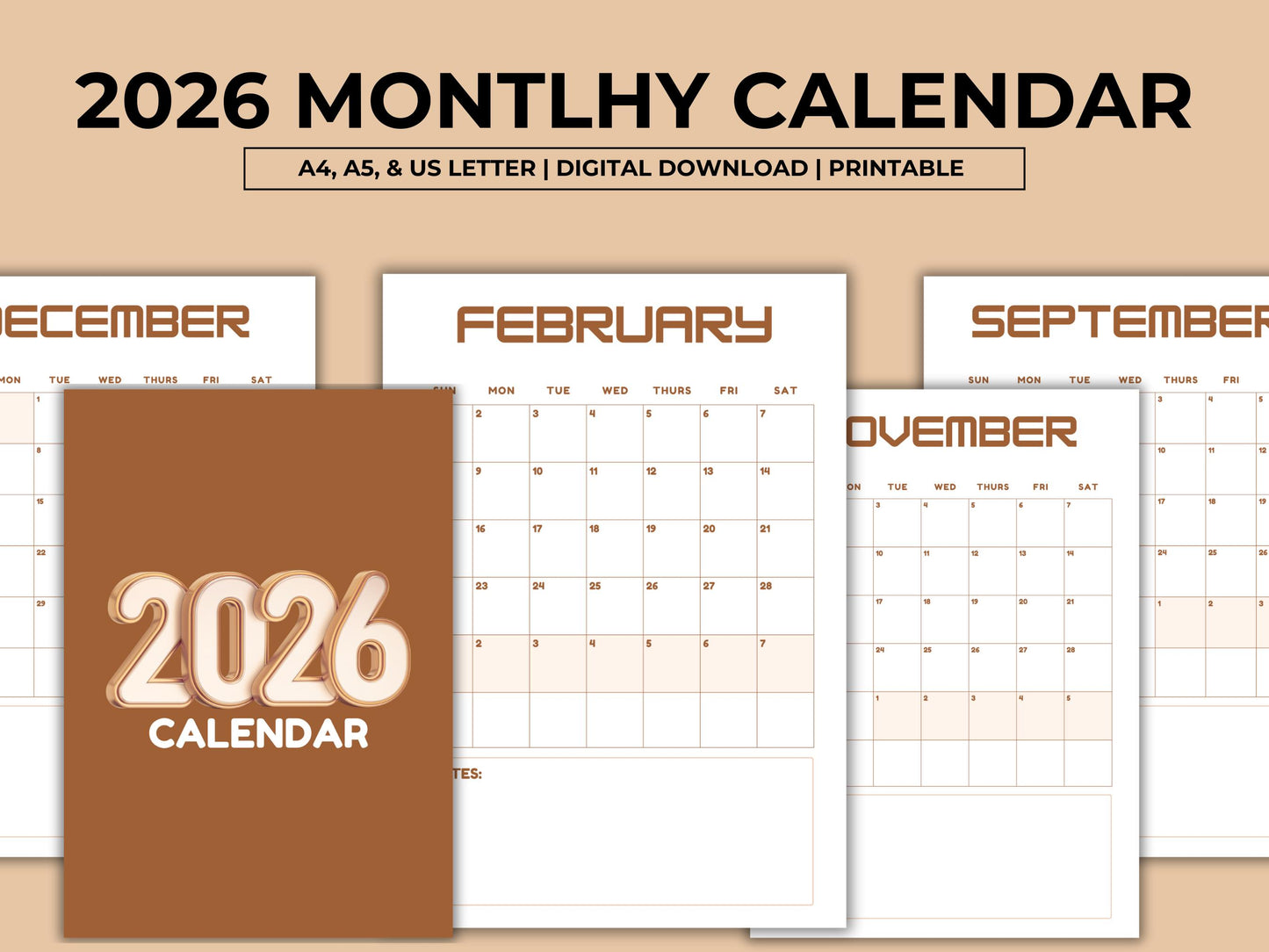 2026 Calendar Printable, Elegant Monthly Calendar 2026, Sunday Start Portrait Wall Calendar, Minimalist Monthly Planner, Instant Download