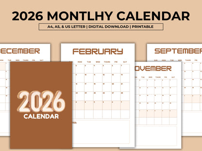2026 Calendar Printable, Elegant Monthly Calendar 2026, Sunday Start Portrait Wall Calendar, Minimalist Monthly Planner, Instant Download