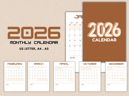 2026 Calendar Printable, Elegant Monthly Calendar 2026, Sunday Start Portrait Wall Calendar, Minimalist Monthly Planner, Instant Download
