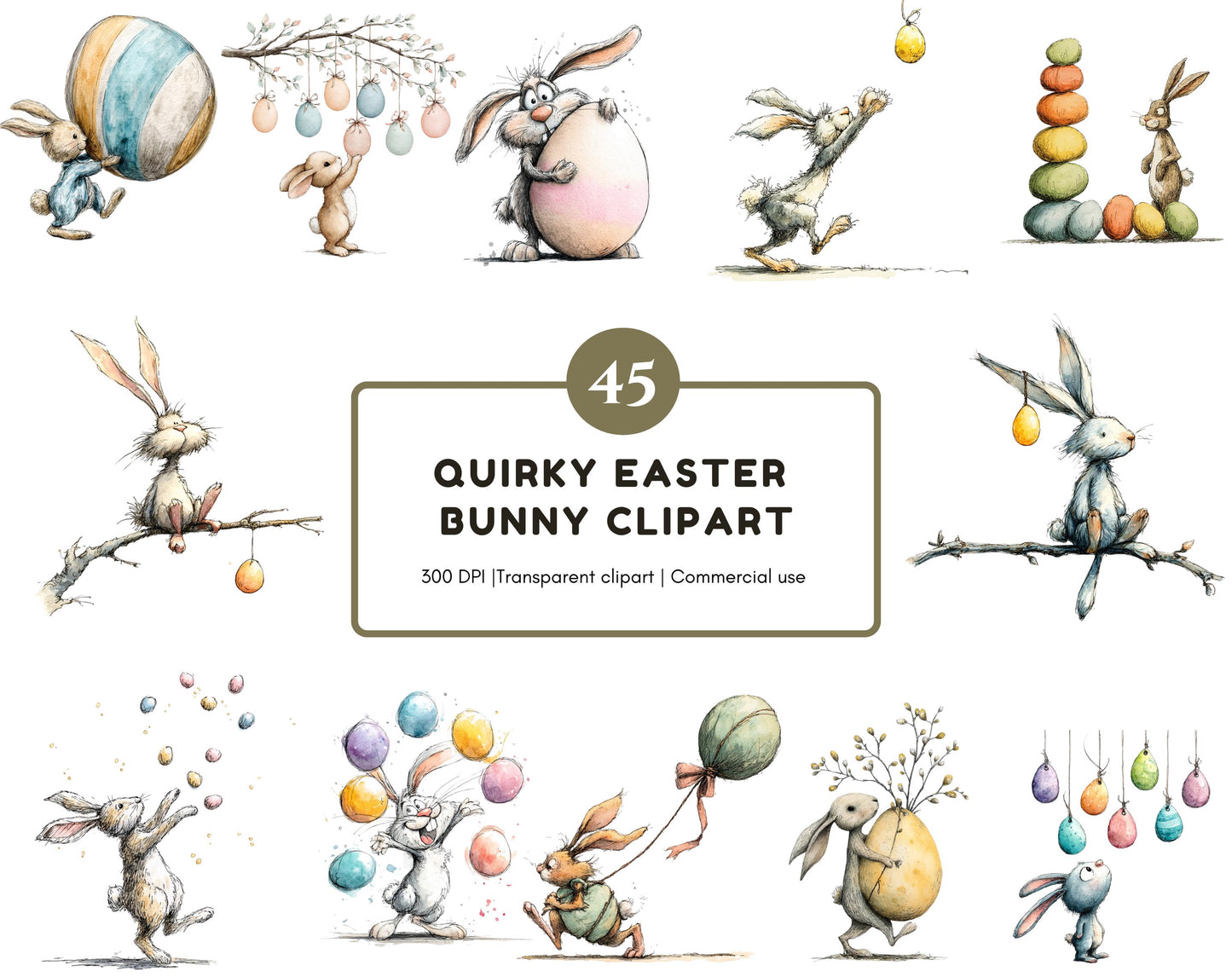 Quirky Easter Bunny Clipart Bundle, Whimsical Rabbit Clipart, Easter Bunny PNG, Funny Easter Bunny With Egg PNG, Instant Download