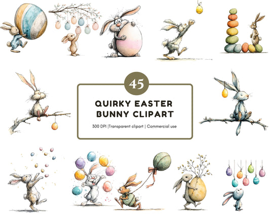 Quirky Easter Bunny Clipart Bundle, Whimsical Rabbit Clipart, Easter Bunny PNG, Funny Easter Bunny With Egg PNG, Instant Download