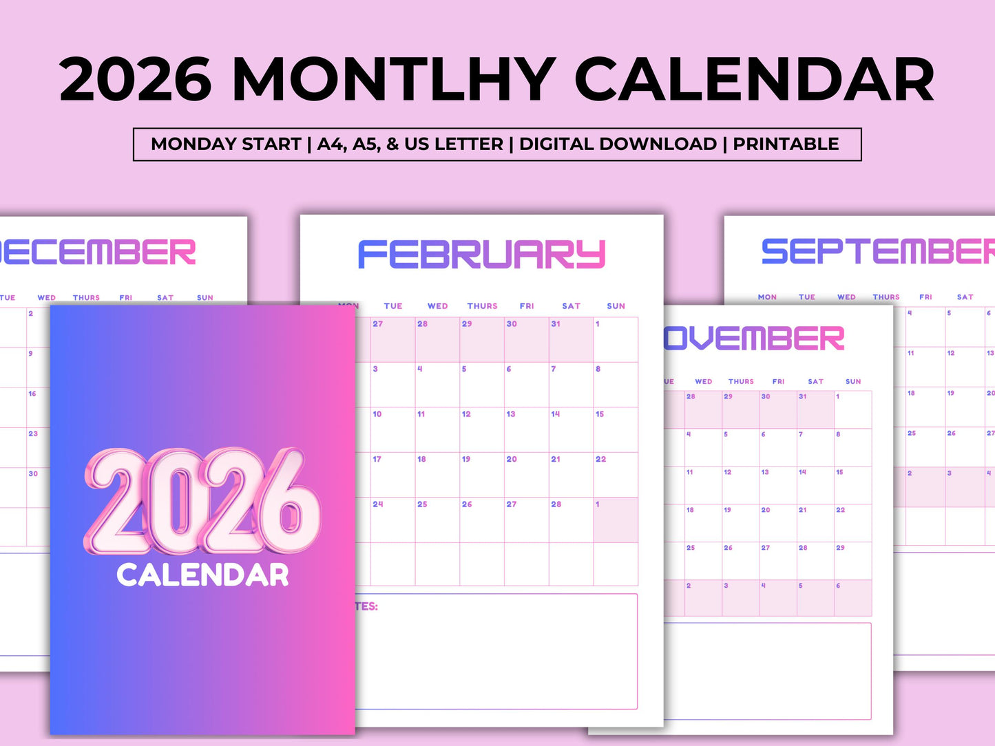 2026 Calendar Planner Printable, Elegant Monthly Calendar 2026, Monday Start Portrait Wall Calendar, Minimalist Monthly Calendar Planner