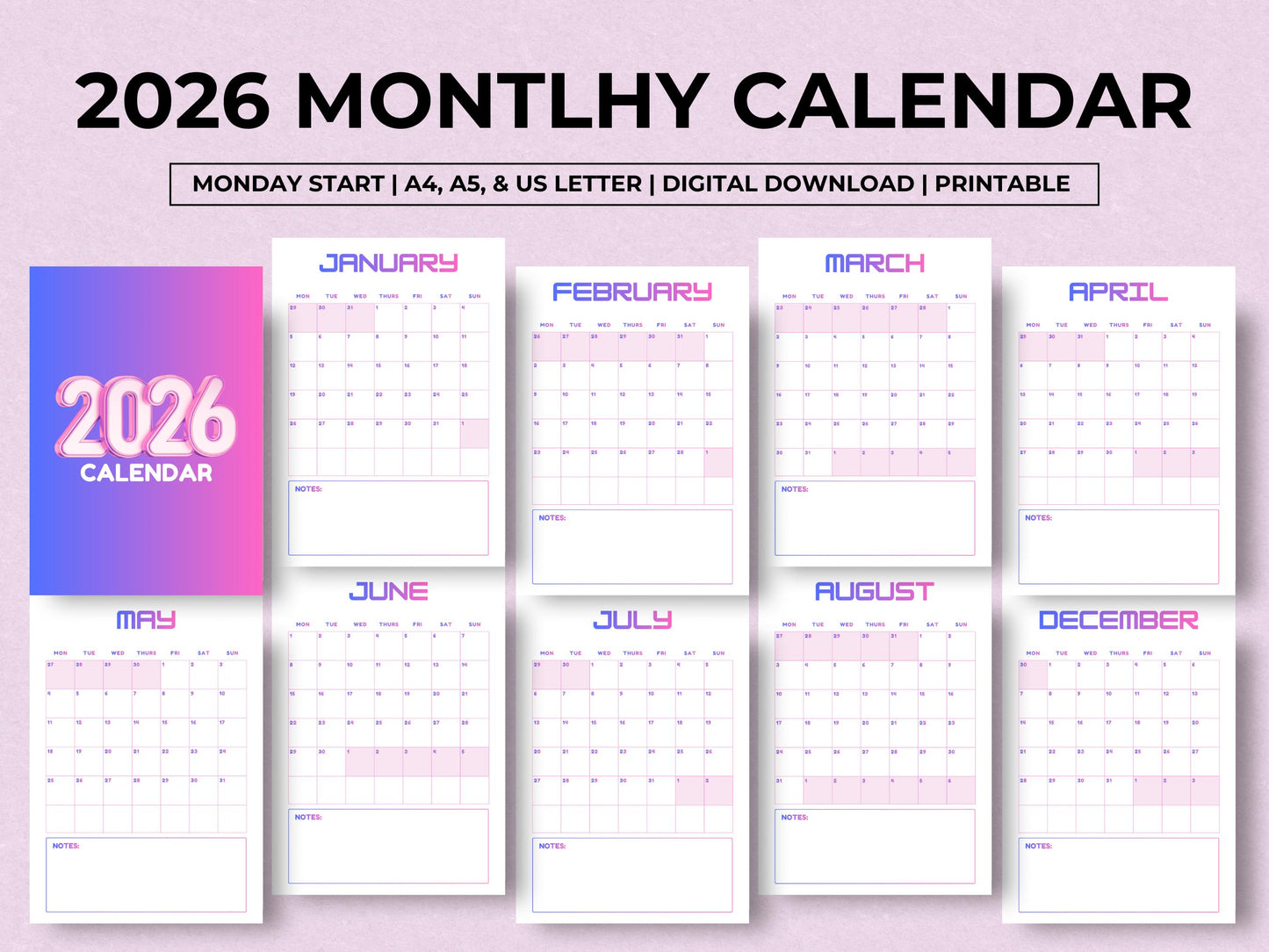 2026 Calendar Planner Printable, Elegant Monthly Calendar 2026, Monday Start Portrait Wall Calendar, Minimalist Monthly Calendar Planner