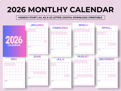 2026 Calendar Planner Printable, Elegant Monthly Calendar 2026, Monday Start Portrait Wall Calendar, Minimalist Monthly Calendar Planner