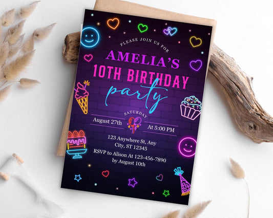 Neon Birthday Invitation, Retro Birthday Party, Boy Birthday Invite, Teenager Birthday Invitation, Retro Neon Birthday, Instant Download