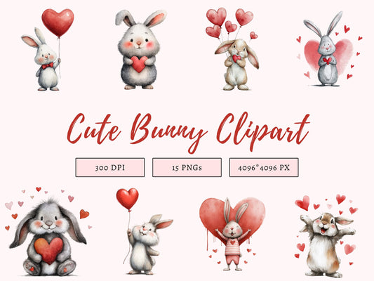 Whimsical Love Bunny Clipart Bundle, Cute Love Bunnies Clipart, Easter Bunny PNG, Rabbit Clipart, Commercial Use, Instant Download