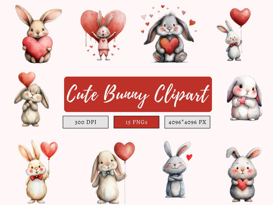Whimsical Love Bunny Clipart Bundle, Cute Love Bunnies Clipart, Easter Bunny PNG, Rabbit Clipart, Commercial Use, Instant Download