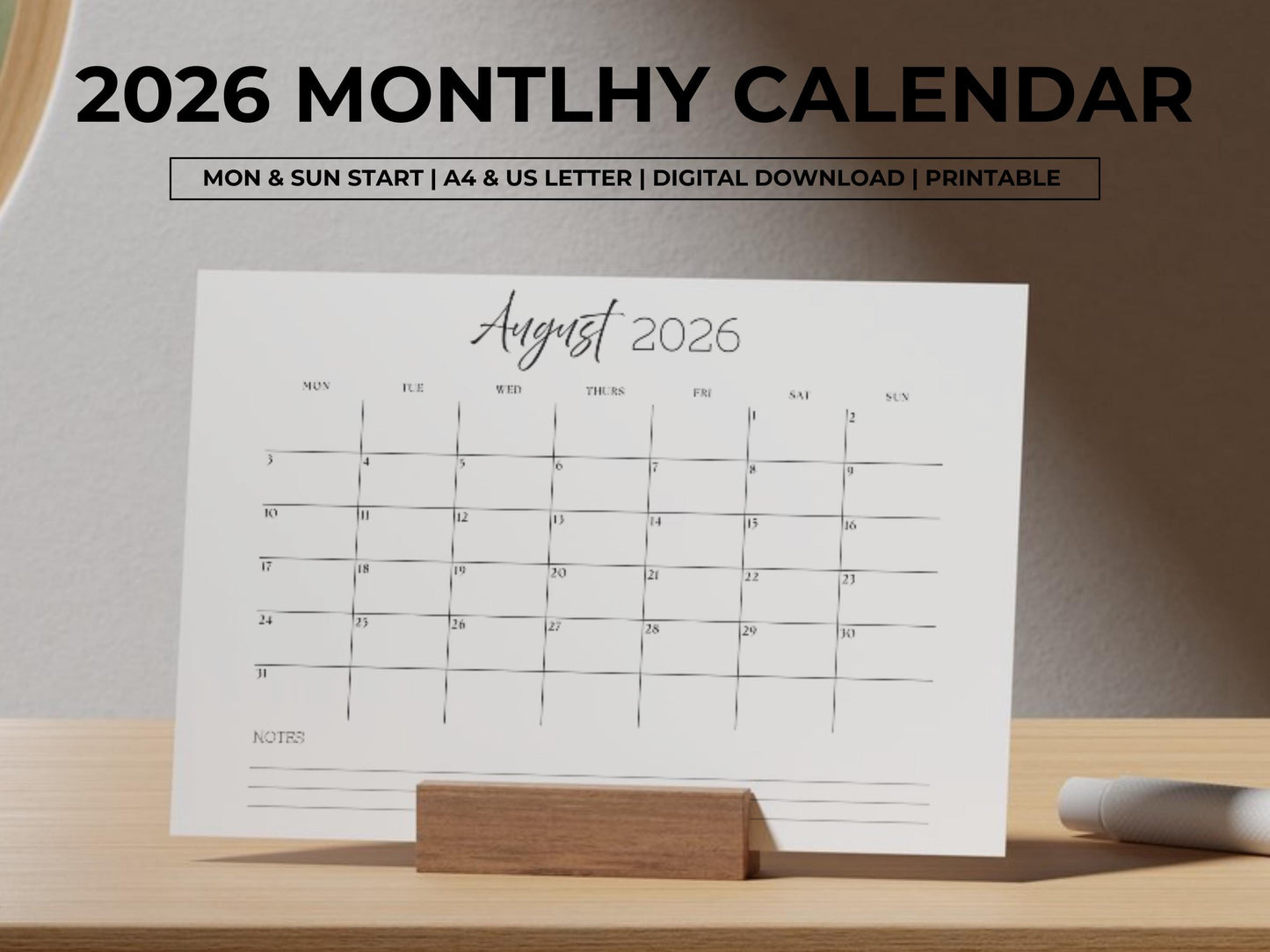 2026 Calendar Planner Printable, Monthly Planner Landscape, 2026 Sunday Start Calendar, 2026 Monday Start, Minimalist 2026 Wall Calendar PDF