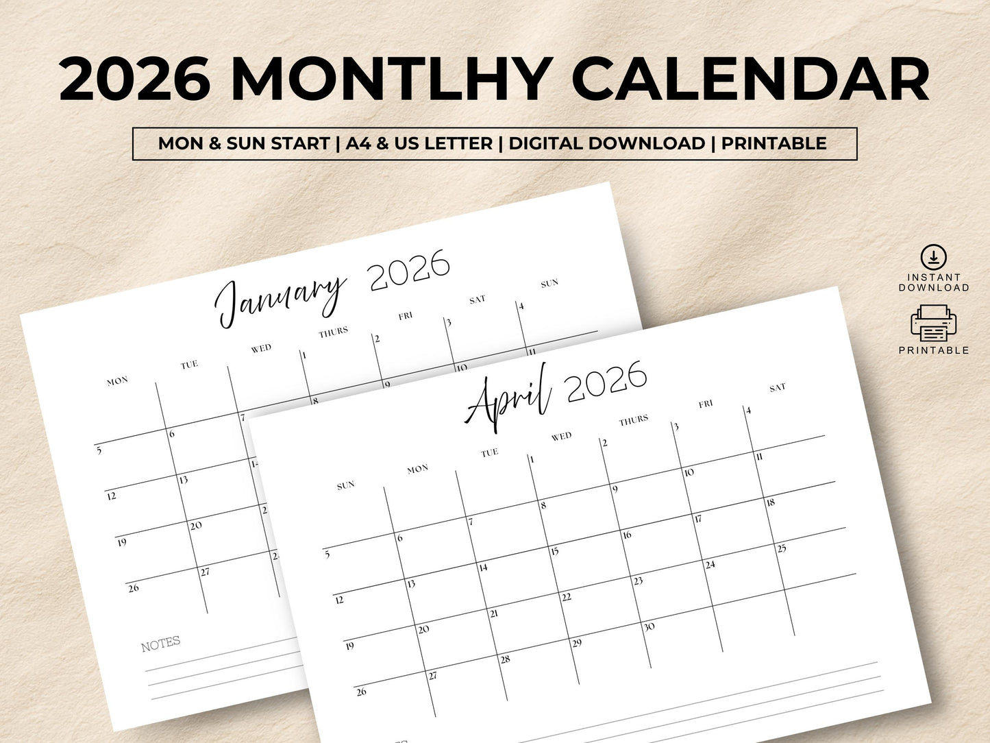 2026 Calendar Planner Printable, Monthly Planner Landscape, 2026 Sunday Start Calendar, 2026 Monday Start, Minimalist 2026 Wall Calendar PDF