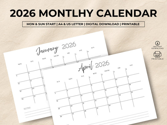 2026 Calendar Planner Printable, Monthly Planner Landscape, 2026 Sunday Start Calendar, 2026 Monday Start, Minimalist 2026 Wall Calendar PDF