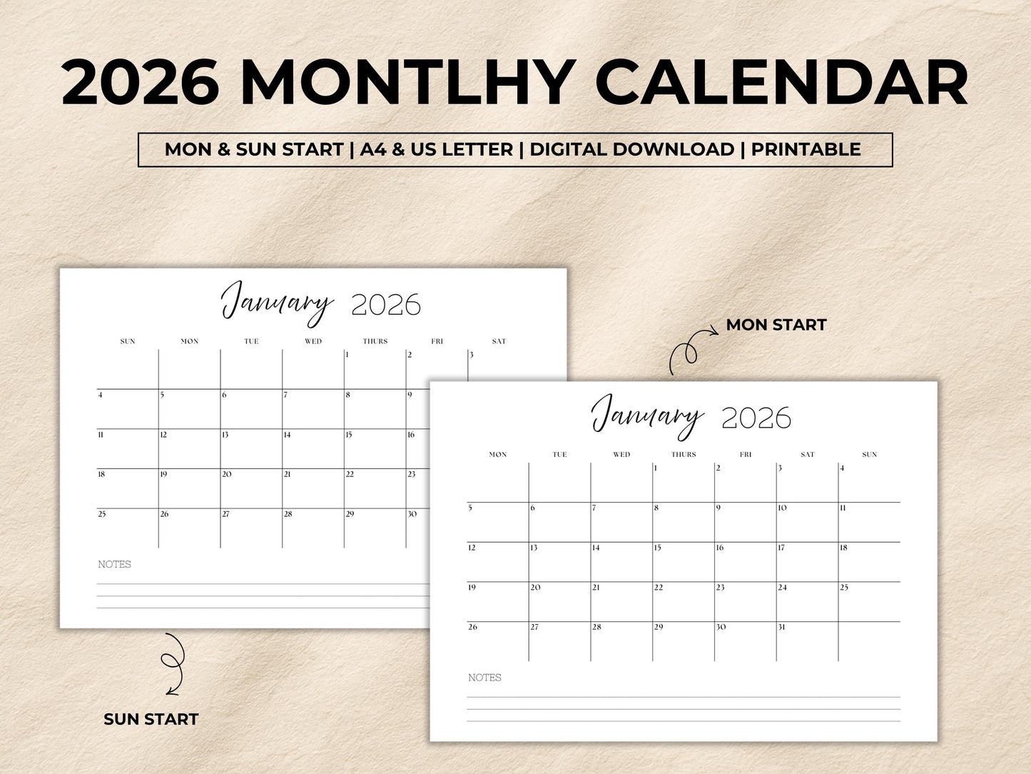 2026 Calendar Planner Printable, Monthly Planner Landscape, 2026 Sunday Start Calendar, 2026 Monday Start, Minimalist 2026 Wall Calendar PDF