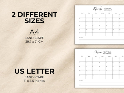 2026 Calendar Planner Printable, Monthly Planner Landscape, 2026 Sunday Start Calendar, 2026 Monday Start, Minimalist 2026 Wall Calendar PDF