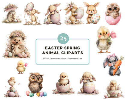Watercolor Easter Animal Clipart Bundle, Easter Egg PNG, Easter Clipart, Spring Easter Animal Illustration, Commercial Use, Instant Download