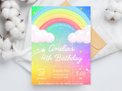 Rainbow Birthday Invitation Canva, Editable Template, Magical Rainbow Party Invite, Pastel Rainbow Birthday, Colorful Birthday Celebration