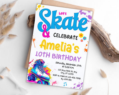 Roller Skating Birthday Invitation, Let's Roll Party, Let's Skate & Celebrate Birthday Invite, Retro Neon Lights Party, Skate Party