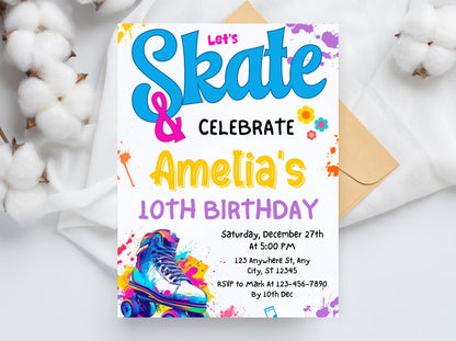 Roller Skating Birthday Invitation, Let's Roll Party, Let's Skate & Celebrate Birthday Invite, Retro Neon Lights Party, Skate Party
