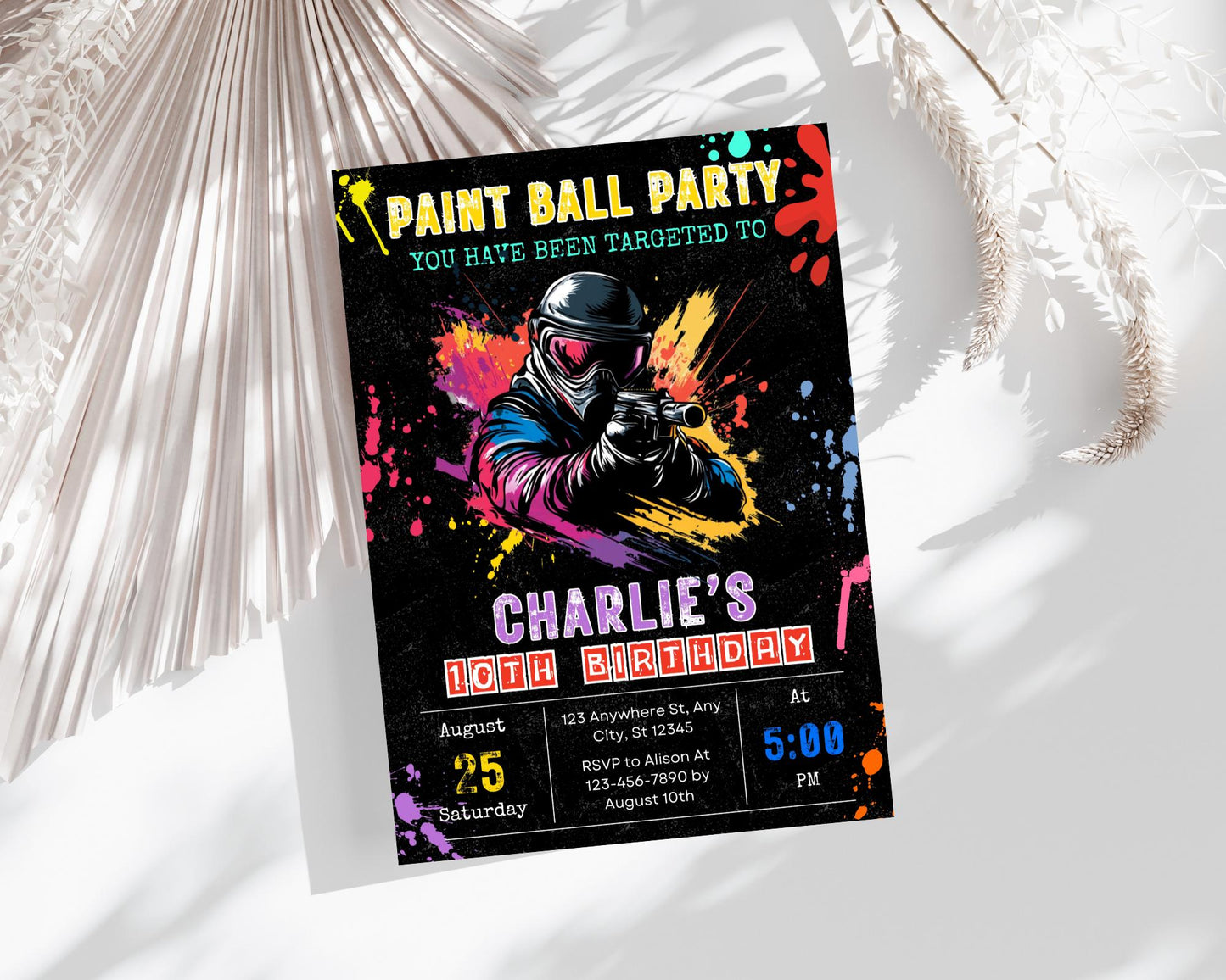 Einladung zur Paintball-Geburtstagsparty, Paintball-Geburtstagsparty für Jungen, Farbteller, Einladung zur Paintball-Party, DIY-Geburtstagseinladung