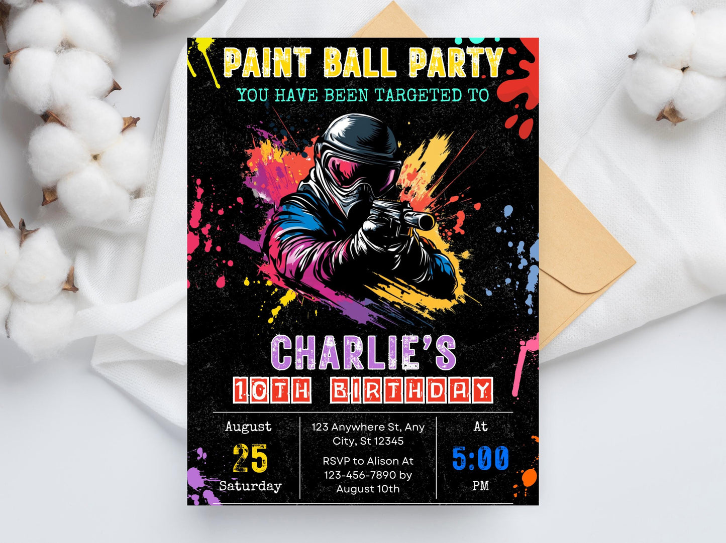 Einladung zur Paintball-Geburtstagsparty, Paintball-Geburtstagsparty für Jungen, Farbteller, Einladung zur Paintball-Party, DIY-Geburtstagseinladung