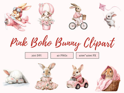 Pink Boho Bunny Clipart Bundle, Baby Shower Bunnies PNG, Cute Bunnies Clipart, Sweet Bunny Ballerina PNG, Pink Bunny png, Instant Download