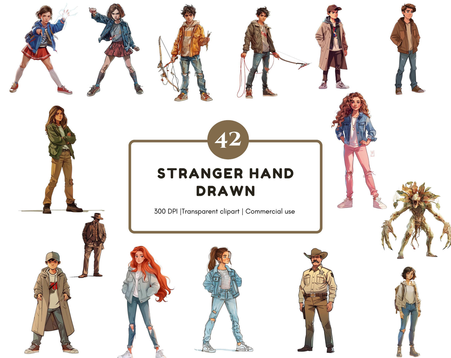 Watercolor Stranger Hand drawn Clipart Bundle, Retro 80s Supernatural Kids & Monster PNGs, Horror Graphics, Commercial Use, Instant Download