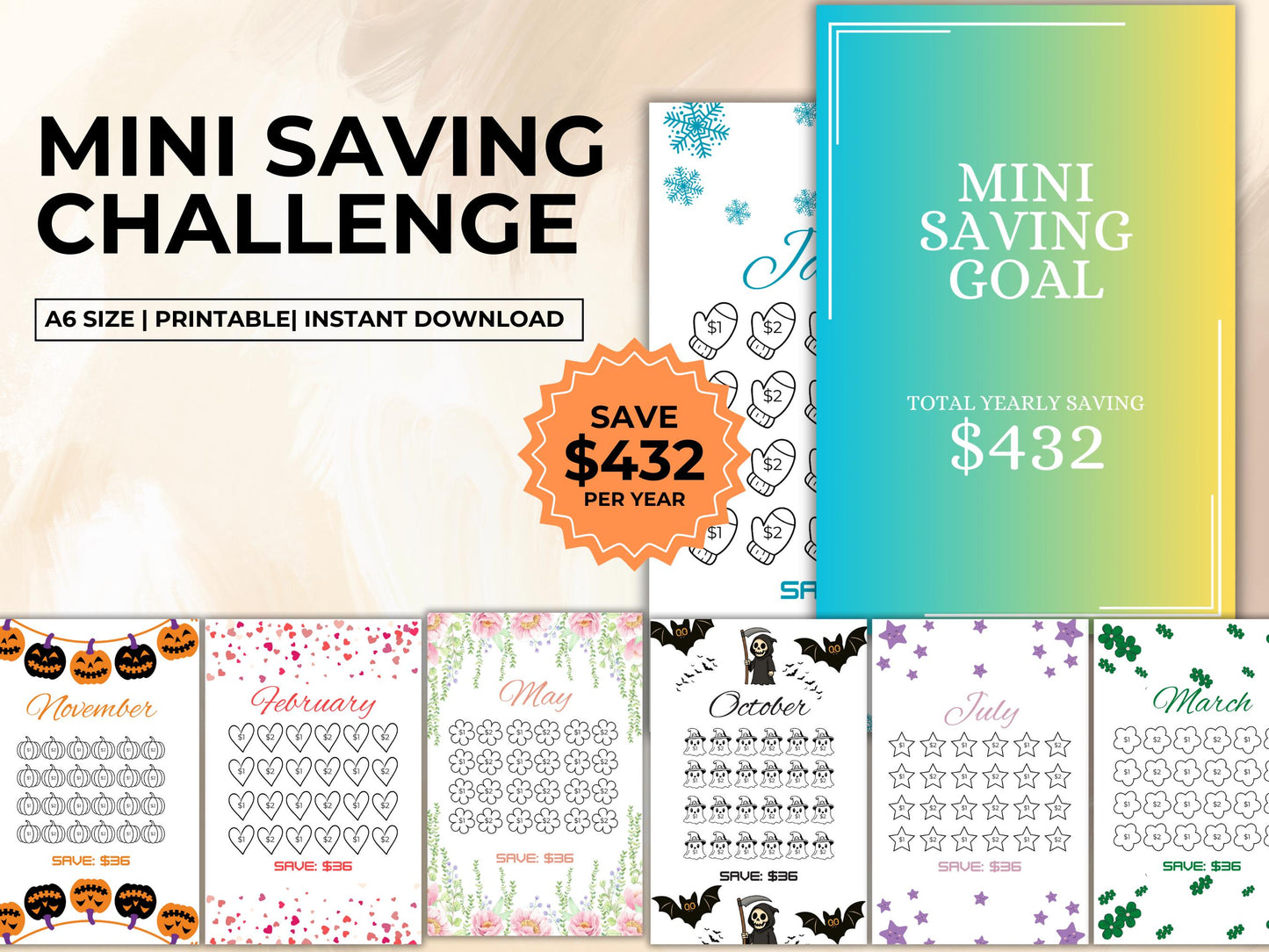 Low Income Monthly Saving Challenge Printable, Saving Tracker, Budget Tracker, Monthly Saving Plan, Mini Saving Challenge, Instant Download