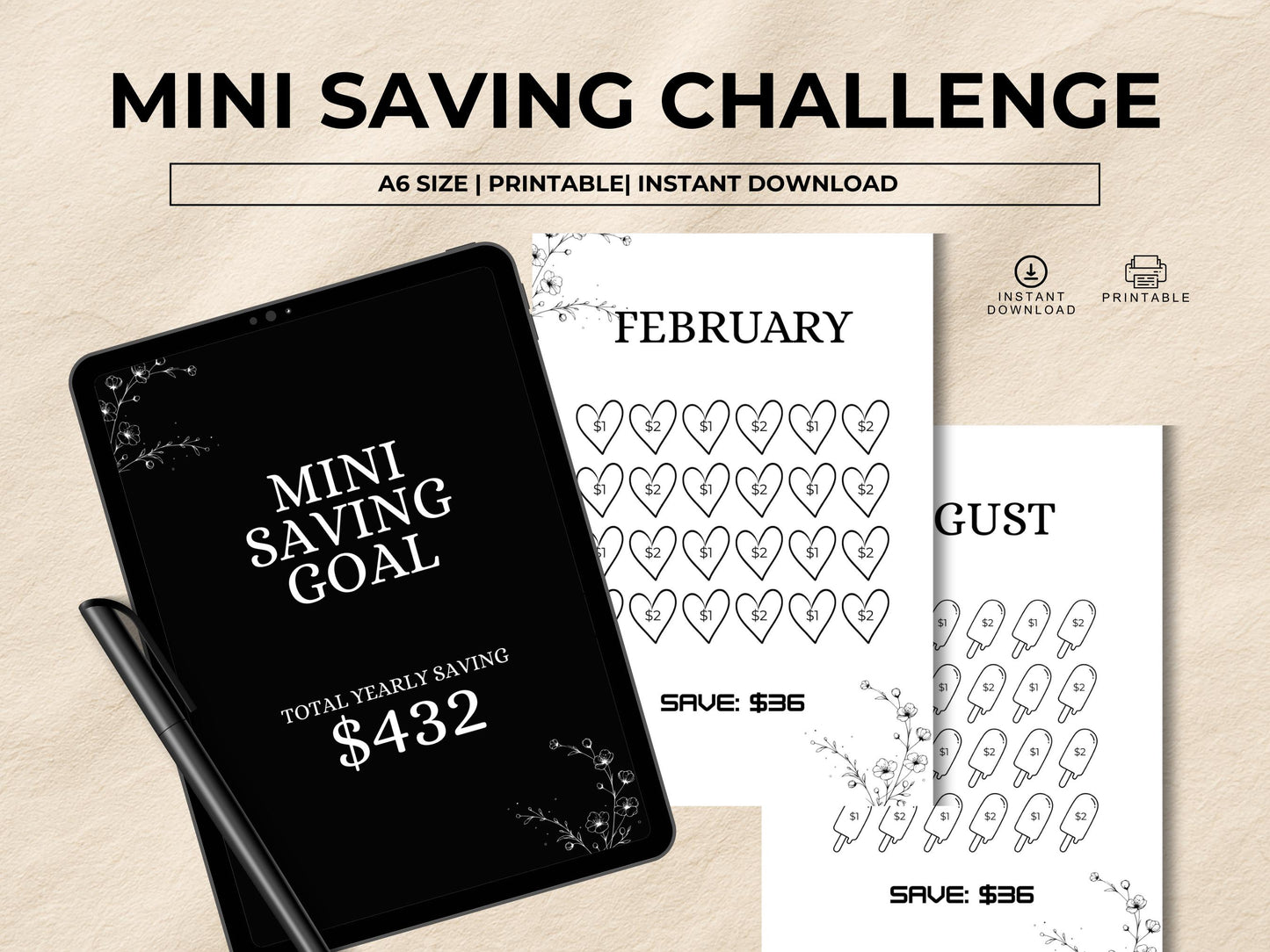 Low Income Monthly Saving Challenge Cash Envelops, Minimalist A6 Low Income Saving Challenge Bundle, Mini Yearly Saving Goal, Saving Tracker