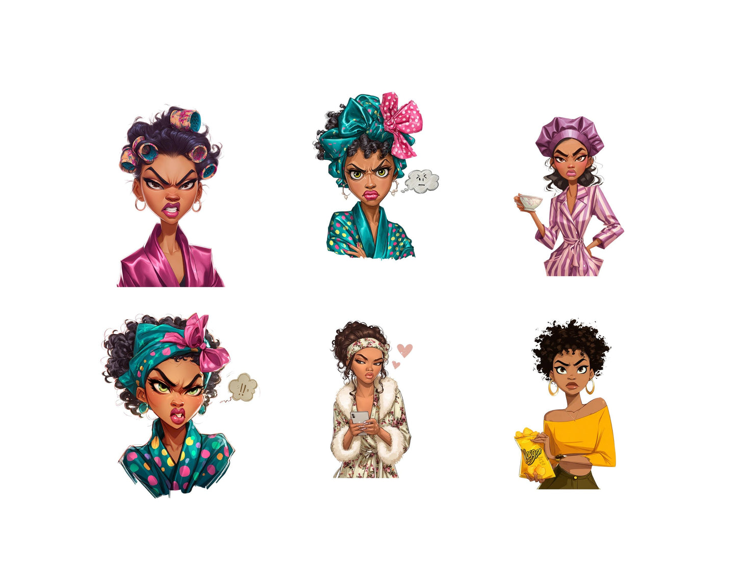 Sassy Black Women Clipart Bundle, Watercolor Afro Women PNG, Stank Face PNG, Black Girl Bonnet, Funny African Clipart, Sassy Girl Stickers