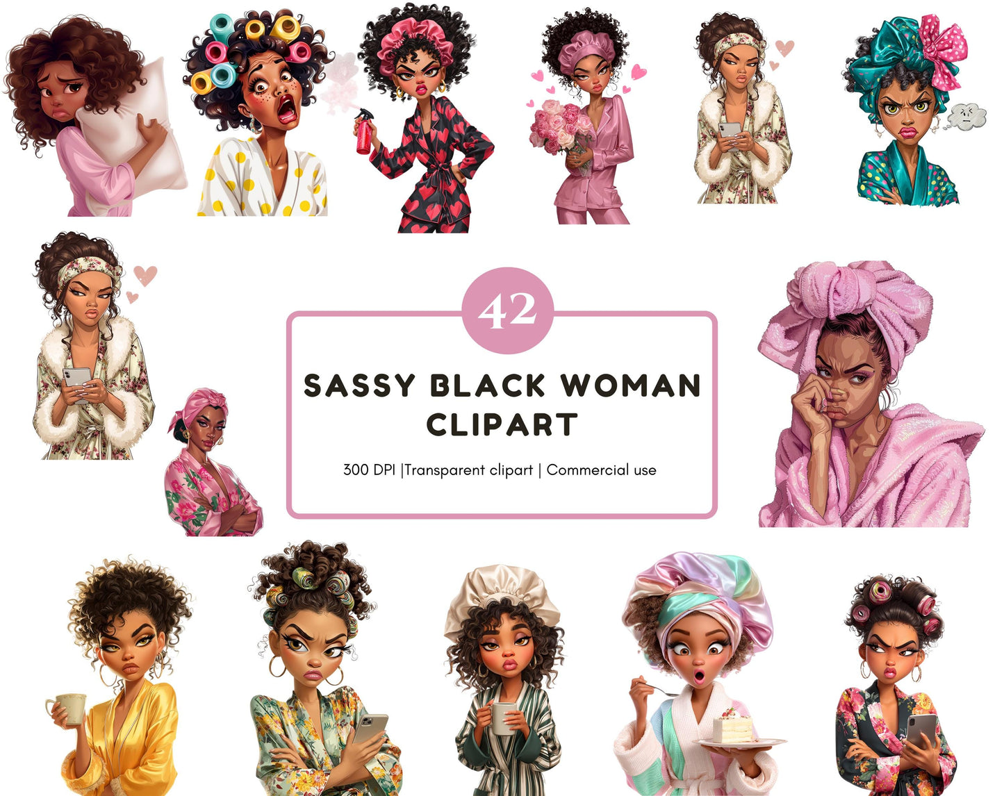 Sassy Black Women Clipart Bundle, Watercolor Afro Women PNG, Stank Face PNG, Black Girl Bonnet, Funny African Clipart, Sassy Girl Stickers